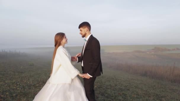Frisch verheiratet. Kaukasischer Bräutigam mit Braut auf dem morgendlichen Feld. Nebel. Hochzeitspaar — Stockvideo