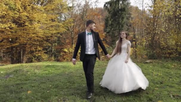 Novomanželé. Bělošský ženich s nevěstou v parku. Svatební pár. Šťastná rodina — Stock video