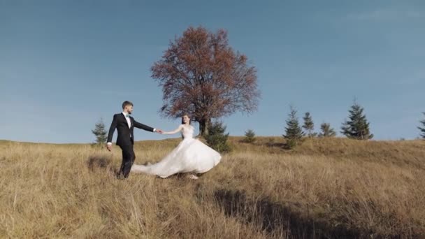 Sposi novelli. Sposo caucasico con sposa che cammina sul pendio della montagna. Matrimonio coppia — Video Stock