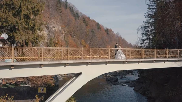 Молодята. Наречений і наречений на мосту через гірську річку. Вид з повітря — стокове фото