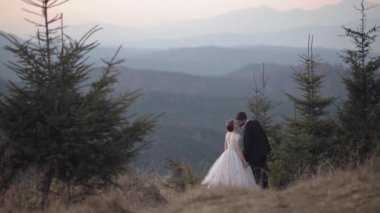 Yeni evliler. Dağın yamacında gelinle birlikte beyaz bir damat. Düğün çifti. Mutlu