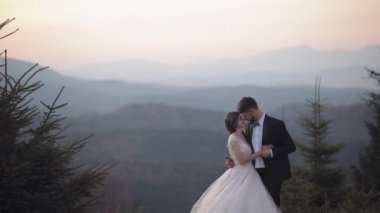 Yeni evliler. Dağın yamacında gelinle birlikte beyaz bir damat. Düğün çifti. Mutlu