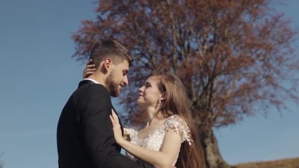 Sposi novelli. Sposo caucasico con sposa vicino a bellissimo albero autunnale. Matrimonio coppia — Video Stock