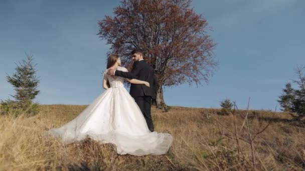 Recém-casados. Noivo caucasiano com noiva perto de árvore de outono bonita. Casamento casal — Vídeo de Stock