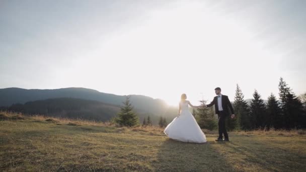 Recién casados. novio caucásico con novia caminando en la ladera de la montaña. Pareja de boda — Vídeos de Stock