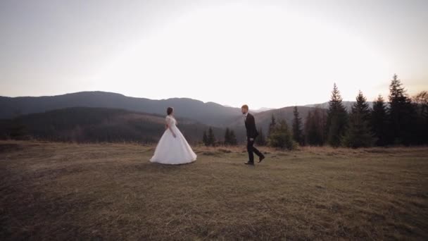 Recién casados. novio caucásico con novia en la ladera de la montaña. Novio propone — Vídeos de Stock