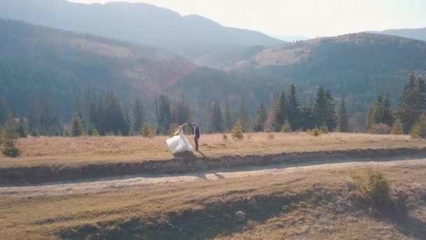 Nygifta dansar på en hög sluttning av berget. Brudgum och brud. Flygbild — Stockvideo