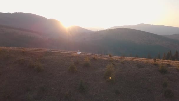 Recém-casados caminhando em uma alta encosta da montanha. Noivo e noiva. Vista aérea — Vídeo de Stock