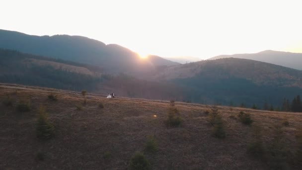 Recién casados corriendo en una ladera alta de la montaña. Novio y novia. Vista aérea — Vídeo de stock