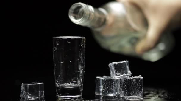 Versare la vodka nel bicchiere. Fondo nero. Versare la bevanda alcolica — Video Stock