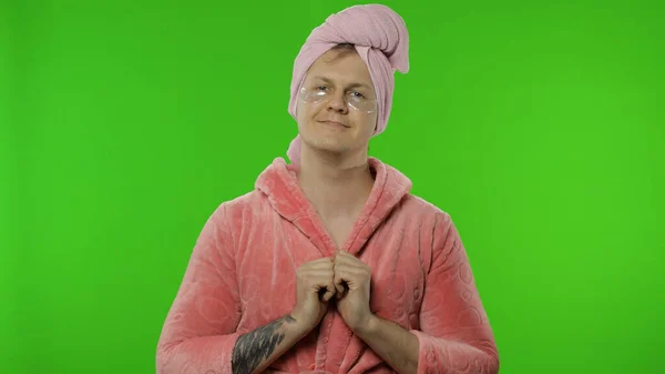 Portrait of transsexual man in bathrobe with eye patches. Chroma key — Stock Photo, Image