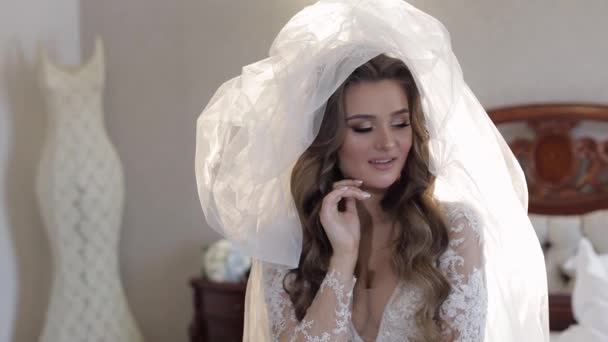 Bella, bella sposa in abito da sposa di lusso e velo. Bella donna splendida — Video Stock