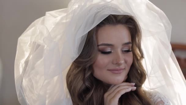 Beautiful, lovely bride in wedding luxury dress and veil. Pretty gorgeous woman — Stock Video