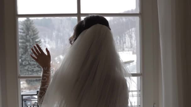 Beautiful, lovely bride in wedding luxury dress and veil. Stay near window — Stock Video