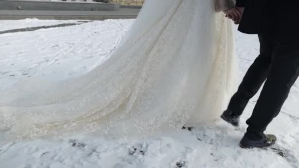 Recién casados. Novia y novio caminando juntos en la nieve. Pareja de boda — Vídeos de Stock