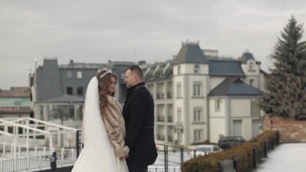 Les jeunes mariés. Le marié caucasien avec la mariée reste ensemble. Un couple. Heureux — Video