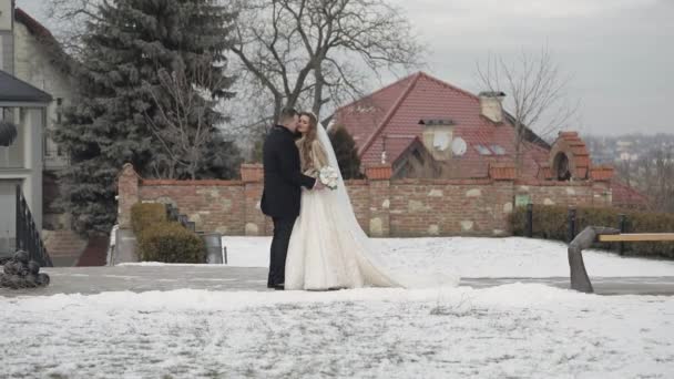 Nygifta. Kaukasiska brudgummen med brud håller ihop. Bröllopspar. Vinter — Stockvideo