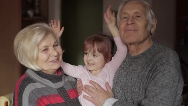 Lächelnder Familiengroßvater, Großmutter mit Enkelin zu Hause — Stockvideo