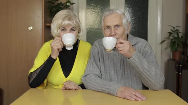 Gelukkig oud grootouders paar zitten op tafel thuis genieten van het drinken van thee samen — Stockvideo