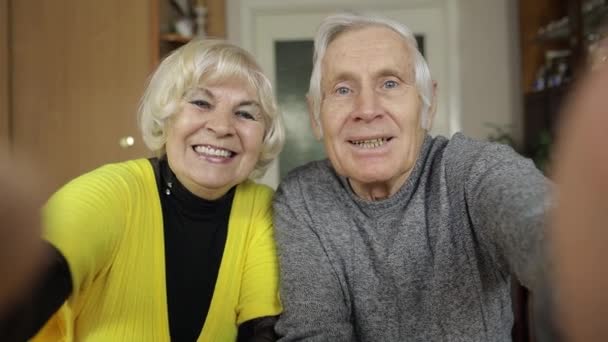 Ziemlich reif senior pärchen großeltern making video call message at home — Stockvideo