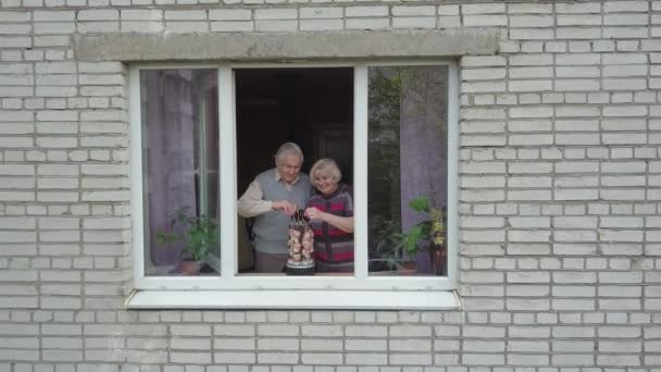 Old grandparents couple cooking barbecue on electric grill on windowsill at home — Stock Video