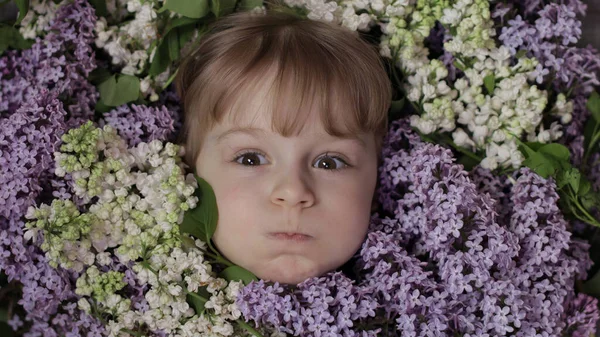 Linda niña mirando desde ramo de flores de color lila alrededor de su cara — Foto de Stock
