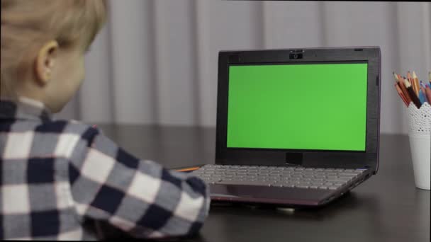 여자 아이가 다니는 교육 수업, 집에서 디지털 노트북을 사용하는 것. 녹색 화면 — 비디오