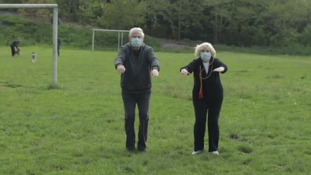 Active senior old couple. Man and woman do stretching physical exercises — Stock Video