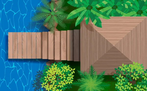 Pabellón Madera Puente Madera Río — Vector de stock