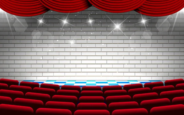 Mur Briques Blanches Sur Scène Avec Des Chaises Rouges Dans — Image vectorielle