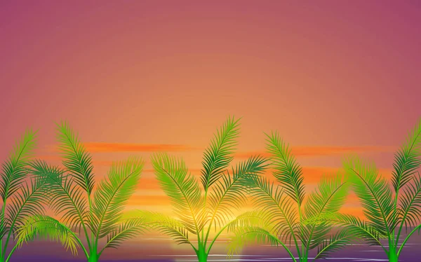 日落时分沙滩上的椰子树景观 — 图库矢量图片