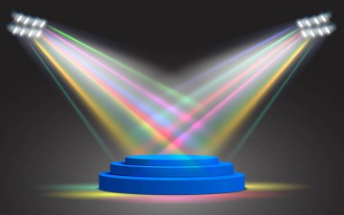 Stüdyo odasında renkli spot ışıklarıyla mavi standı