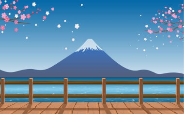 Japonca nehir kıyısındaki Fuji Dağı manzarası