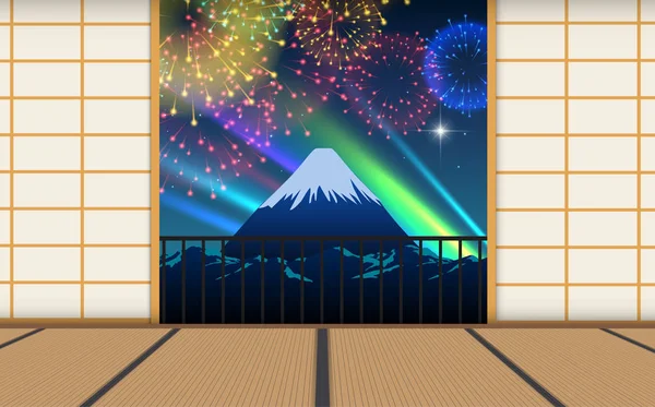 Vue Feu Artifice Coloré Sur Ciel Montagne Fuji — Image vectorielle