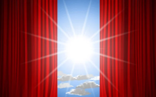 Cortina Roja Con Luz Solar Cielo — Archivo Imágenes Vectoriales
