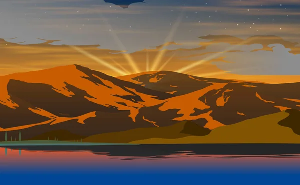 Пейзаж Лагуни Гірським Тлом Вранці — стоковий вектор