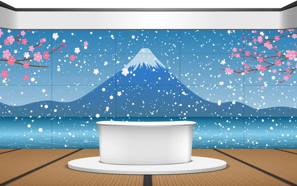 Witte Tafel Studio Kamer Met Sneeuw Vallen Fuji Berg Achtergrond — Stockvector