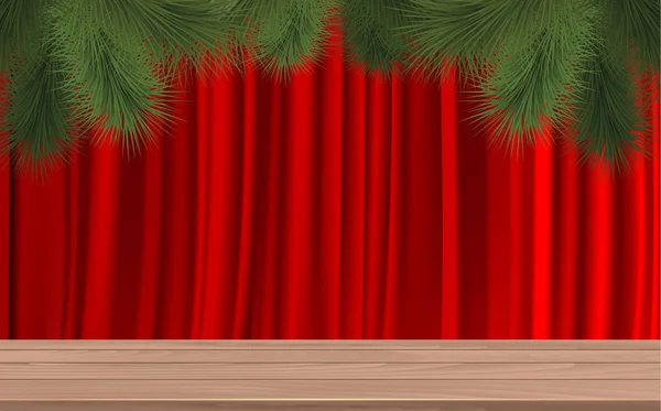 Holztisch Und Kiefer Mit Rotem Vorhang Hintergrund — Stockvektor