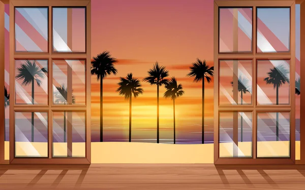 landscape of the beach in sunset at the windows