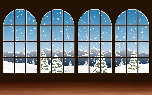 Пейзаж Снігу Біля Дерев Яного Вікна — стоковий вектор