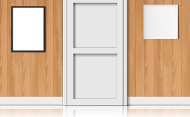 Ahşap duvarda beyaz kapı ve fotoğraf çerçevesi