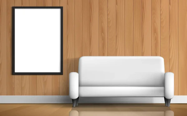 Weißes Sofa Und Bilderrahmen Holzzimmer — Stockvektor