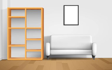 Odada beyaz kanepe ve ahşap bir vitrin.