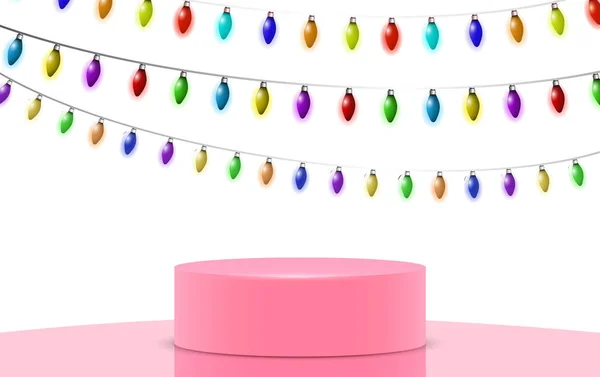 Pódio Rosa Com Tulbos Coloridos Luz Pendurada Fundo Branco —  Vetores de Stock