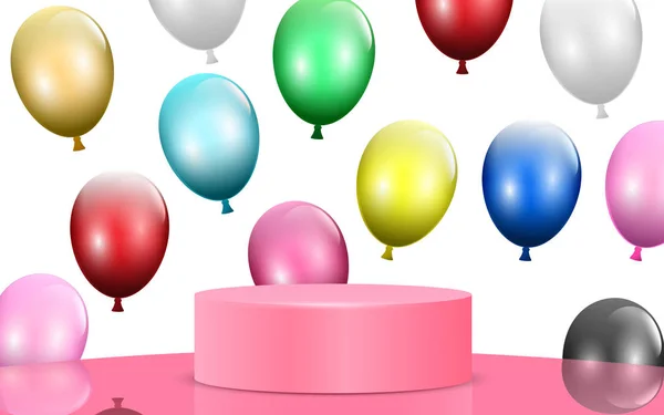 Pinkfarbenes Podium Und Bunte Luftballons Atelierraum — Stockvektor