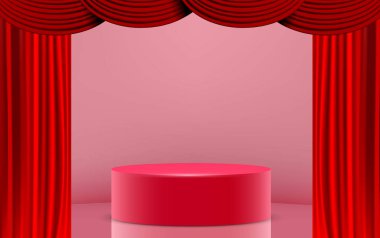 sahnede kırmızı perde ile kırmızı podyum