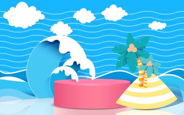 Okyanus arka planında yunus olan mavi podyum