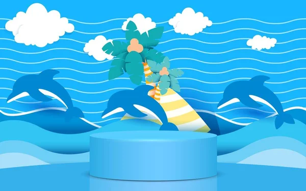 Blue Podium Dolphin Ocean Background — 스톡 벡터