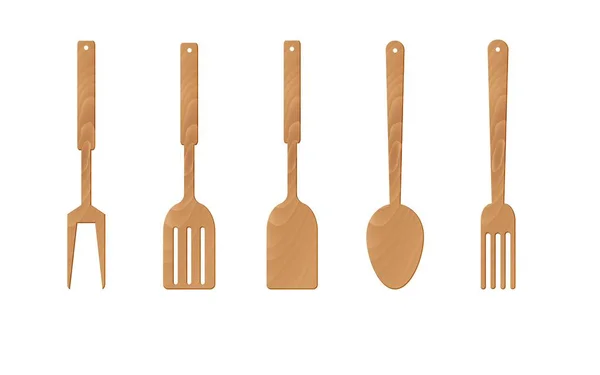 Colher Madeira Utensílios Cozinha Fundo Branco — Vetor de Stock