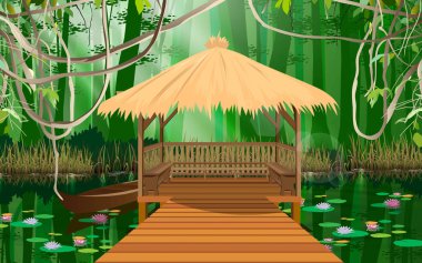 Ormandaki nehirdeki ahşap pavyonun manzarası